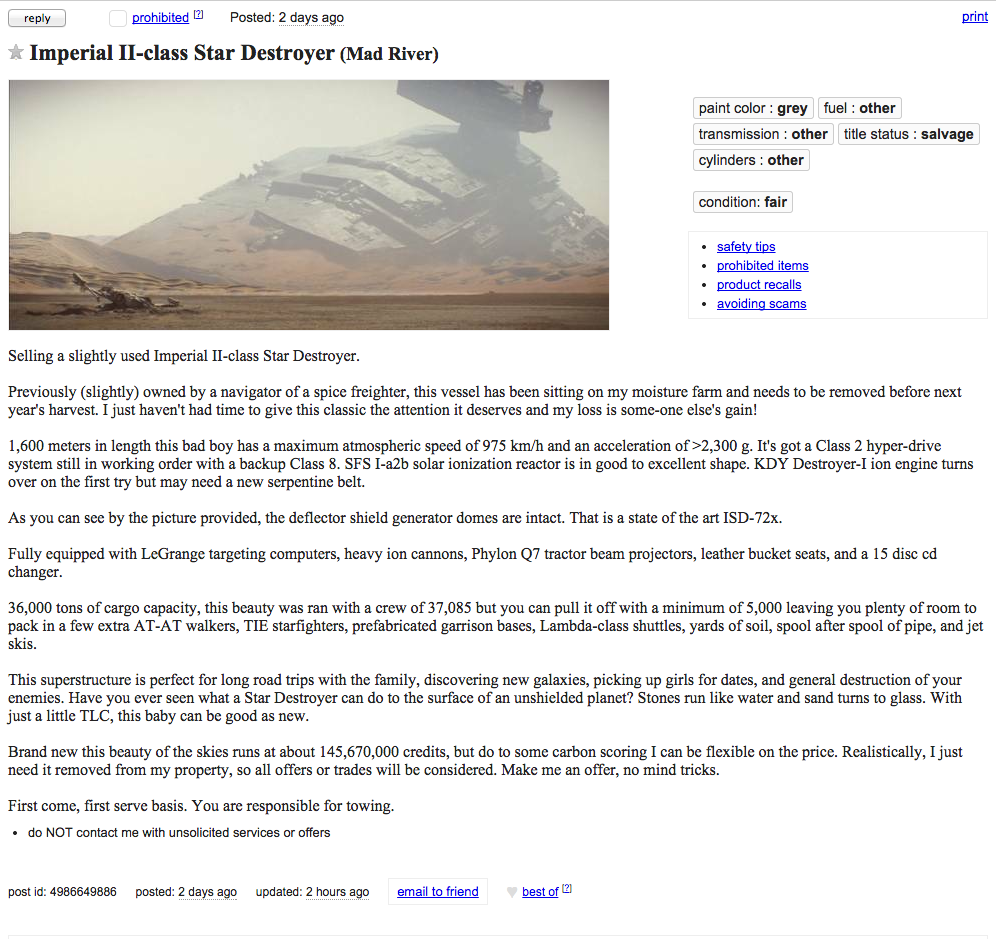 star wars, craigslist, used, star destroyer